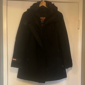 Superdry Black Hooded Coat Very Well Made Strong by Design Medium runs small 34